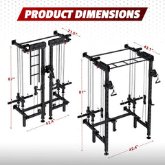 EROMMY Folding Squat Rack, Wall Mounted Power Rack with Cable Crossover Machine & LAT Pull Down Multi-Function Space-Saving Power Cage, Black