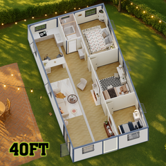 EROMMY 3 Bedroom 40ft Foldable Container House with Full Kitchen & Bathroom, Modular Mobile Home Prefab Boxable House for Adults, Expandable Pre Built House for Backyard or Off-Grid Living-Erommy