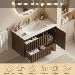 Erommy 36" Wall Mounted Single Bathroom Vanity With Ceramic Sink, Bathroom Vanity With Spacious Cabinet And 2 Soft-close Drawers, Brown