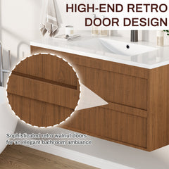 EROMMY 36 Inch Bathroom Vanity with Sink, Floating Bathroom Vanity with 2 Large Storage Drawers, Wood Grain Wall Mounted Bathroom Cabinet, Brown