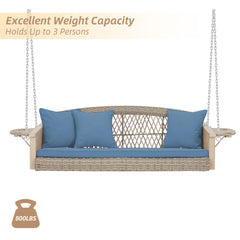 EROMMY 3 Seats Porch Swing Hanging Bench Swing Lounge Front Rattan Swing for Garden, Balcony, Blue-Erommy