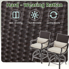 EROMMY 3 Piece Outdoor Patio Set, High Top Patio Bar Set with Round Table and 2 Swivel Dining Chairs with Lumbar Pillow, Beige-Erommy