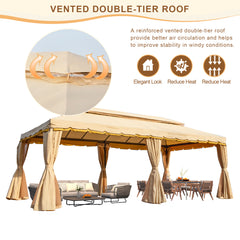 EROMMY 10x20 Outdoor Canopy Gazebo, Double Roof Patio Gazebo Steel Frame with Netting and Shade Curtains for Garden,Patio,Party Canopy, Beige-Erommy