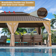 Erommy hardtop gazebo with a breathable double roof and inner grid cover, privacy curtains, outdoor dining set, and poolside setting