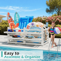EROMMY 64" W x 92" L x 38" H Extra Large Pool Storage Organizer with Hooks, Waterproof Float Storage Bin, White