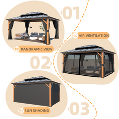 EROMMY 12' × 16' Hardtop Gazebo, Outdoor Gazebo with Double Polycarbonate Roof, Aluminum Gazebo with Curtains and Netting, Permanent Gazebo for Patio, Lawn and Pool-Erommy