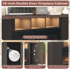 EROMMY 70 Inch TV Cabinet with Electric Fireplace, fire place tv stands for living room, LED Light Bar, Dark Walnut Color-Erommy