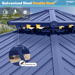 EROMMY 10' X 12' Hardtop Gazebo with Galvanized Steel Roof, All-Season Aluminum Outdoor Pergola with Netting & Curtains for Patio Lawn and Garden, Blue-Erommy