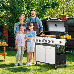 EROMMY Outdoor Burner BBQ Propane Gas Grill - 58000 BTUs Stainless Steel Patio Barbecue Grill with Stove and Side Table - Silver - Propane Gas-Erommy