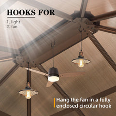 Erommy gazebo interior with ceiling hooks supporting a ceiling fan and two hanging lights beneath the translucent roof