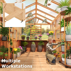 EROMMY 7x16 FT Spruce Wood Greenhouse with Pergola, Large Walk-in Polycarbonate Greenhouse Kit with Top-Hung Windows, Built-in Workstation and Staging Shelves for Backyard Garden