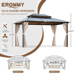Erommy hardtop gazebo with double roof, tied curtains, sturdy frame, and illustrated lounge and dining furniture layout options