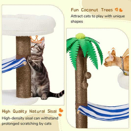 EROMMY Coconut Island Cat Tree with Nest and Hammock, 30" Cat Climbing Shelf, with Scratching Post, Light