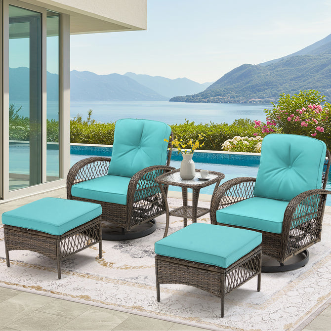EROMMY 5-Piece Outdoor Swivel Rocker Set with Cushions & Glass Table, Blue-Erommy