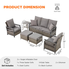 EROMMY 6 piece outdoor rattan furniture set with sofa, air chair, footstool and side table, Grey-Erommy