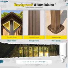 Erommy aluminum gazebo feature graphic showing triangular roof design, aluminum frame, anchoring plate, and rustproof construction for outdoor shade and stability