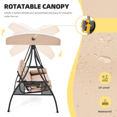 3-Seat Outdoor Porch Swing with Adjustable Canopy and Backrest for Porch, Balcony and Poolside, Khaki | erommy Furniture