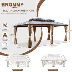 EROMMY 12'x20' Hardtop Gazebo, Outdoor Polycarbonate Double Roof Canopy, Aluminum Frame Permanent Pavilion-Erommy