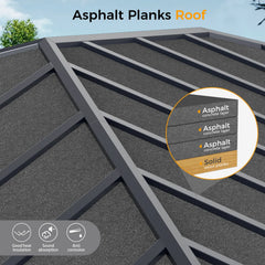 Close-up of a gazebo asphalt plank roof with layered construction, sturdy support beams, and features for heat insulation, sound absorption, and corrosion resistance
