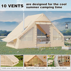 Erommy camping tent with mesh windows, open front entrance, spacious interior, and multiple vents set in a sunny grassy campsite