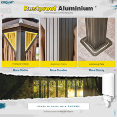 Erommy gazebo infographic highlighting triangular design, rustproof aluminum frame, sturdy anchoring plate, and shaded outdoor comfort.