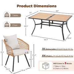 EROMMY 7-Piece Outdoor Dining Set – Rectangular Table with Umbrella Hole & 6 Rattan Chairs, Gray