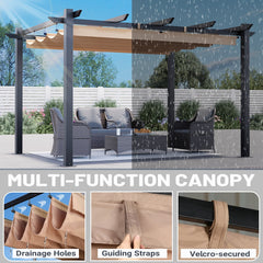 EROMMY Retractable Pergola 10x13 Ft, Outdoor Aluminum Shelter with Dual Adjustable Sun Shade Canopy for Patio Backyard, Locking System Includes Straps & Screws (Khaki)
