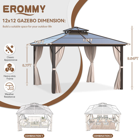 EROMMY 12'x12' Patio Hardtop Gazebos Double Roof Aluminum Pergola w/ Netting & Curtains - Erommy