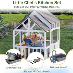 EROMMY Outdoor Play House for Kids, Elevated Roof Wooden Kids Playhouse with Kitchen Toys, Blackboard,Magnetic Door, Flowerpot Holders, Pet Hole, Clock,Black and White