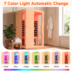EROMMY 2-Person Indoor Infrared Sauna for Home, Far Infrared Sauna with Red Light Therapy, Chromotherapy Lighting, 6 Carbon Heaters & Bluetooth Speaker, Natural Wood