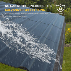 Erommy galvanized metal carport roof with water flowing over overlapping panels, showing a sealed junction designed to help prevent rain erosion