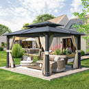 EROMMY 12' x 14' Hardtop Gazebo Outdoor Double Roof with Curtains and Netting, Anti-Rust Coating Frame-Erommy