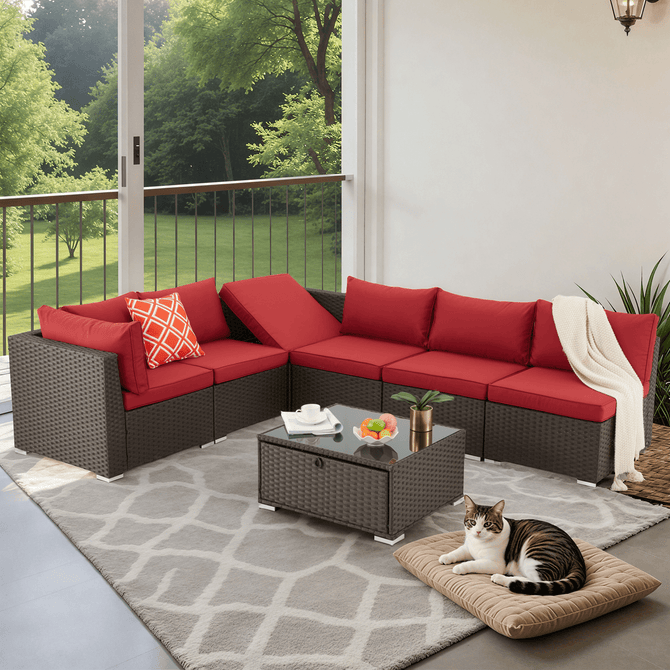 EROMMY 7 Pcs Outdoor Rattan Furniture Set with Coffee Table, Wine Red-Erommy