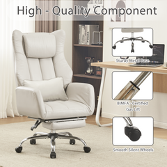 EROMMY Ergonomic Cross Legged Office Chair with Footrest,Big and Tall Leather Executive Chair with Reversible Armrest,Lumbar Pillow and Wheels,155° Reclining Computer Wide Desk Chair for Home,Office (Beige)