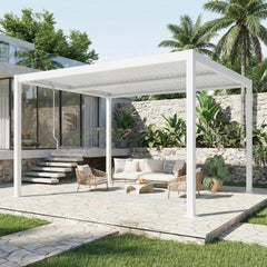 EROMMY 10' x 12' Outdoor Pergola with Adjustable Louvered Roof & Integrated Drainage, Heavy-Duty Metal Louvered Pergola for Patios, White