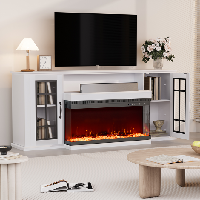 EROMMY 70 Inch 3-sided Glass Fireplace TV Stand with 9 Colors - White-Erommy