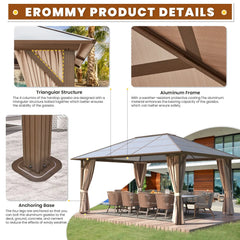 Erommy hardtop gazebo with polycarbonate roof, triangular support structure, durable aluminum frame, anchored base, and outdoor seating area with curtains