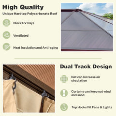 Erommy hardtop gazebo feature graphic showing a polycarbonate roof, dual track curtains, ventilation, UV blocking, heat insulation, and ceiling hooks for fans and lights