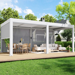 EROMMY 10' x 20' Outdoor Pergola with LED Lights, Aluminum Gazebo with Motorized Louvers & Side Screens for Patio, Backyard & Poolside, White