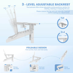 EROMMY 3-Level Adjustable Adirondack Chair with Retractable Ottoman, Folding HDPE Outdoor Chair with Cup Holders, White