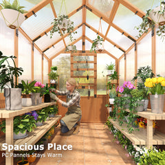 EROMMY 6x10 FT Wooden Greenhouse for Outdoors, Walk-in Greenhouse Kit with 4mm Polycarbonate Panels, Adjustable Roof Vent, Lockable Door, Backyard Greenhouse for Plants and Vegetables