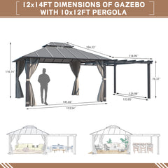 EROMMY 12'x14' Permanent Hardtop Gazebo with 12'x10' Outdoor Pergola, Metal Steel Canopy with Aluminum Composite Roof