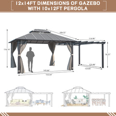 EROMMY 12'x14' Permanent Hardtop Gazebo with 12'x10' Outdoor Pergola, Metal Steel Canopy with Aluminum Composite Roof-Erommy