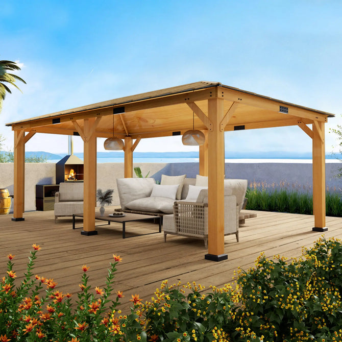 EROMMY 12' x 20' Spruce Wood Gazebo Hardtop, Silent Asphalt Roof Solid Wood Gazebo, for Patio, Lawns, Garden, Yard-Erommy