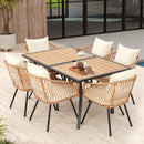 EROMMY 7-Piece Outdoor Dining Set – Rectangular Table with Umbrella Hole & 6 Rattan Chairs, Beige