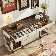 EROMMY 72" Wood Dog Crate Furniture Indoor with Divider, Dog Crate End Table with 2 Drawers for Large Breeds, White-Erommy