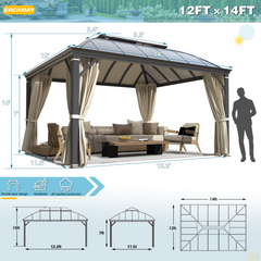 EROMMY 12'x14' Hardtop Permanent Outdoor Aluminum Patio Gazebo, Double Roof for Patio Lawn and Garden, Curtains and Netting Included