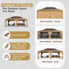 Erommy hardtop gazebo with metal double roof shown with outer privacy curtains inner protective netting and open space configurations for outdoor dining and relaxation