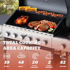 EROMMY Outdoor Burner BBQ Propane Gas Grill - 58000 BTUs Stainless Steel Patio Barbecue Grill with Stove and Side Table - Silver - Propane Gas-Erommy