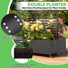 EROMMY Dual Metal Planter Box with Trellis, 73"x47"x31" Raised Garden Bed with Wheels and Drainage Holes, Planter with Trellis for Garden, Balcony & Patio, Black